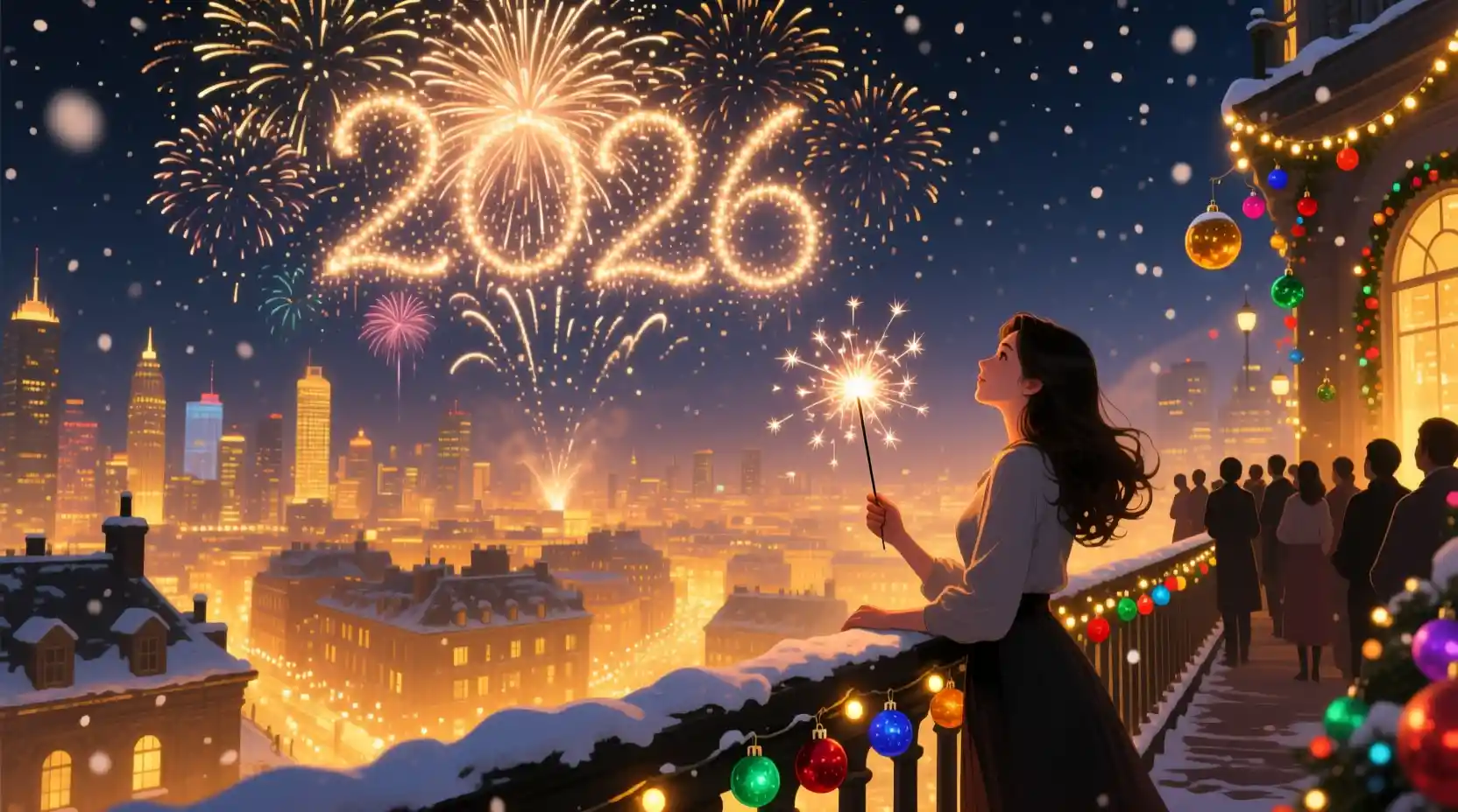 Foule festive sur un balcon en ville regardant les feux d’artifice nocturnes