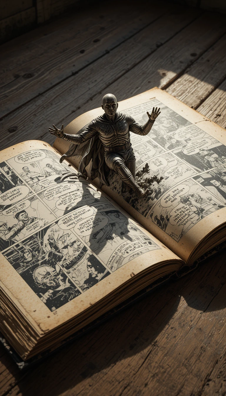 Comic hero rising from open book on wooden table