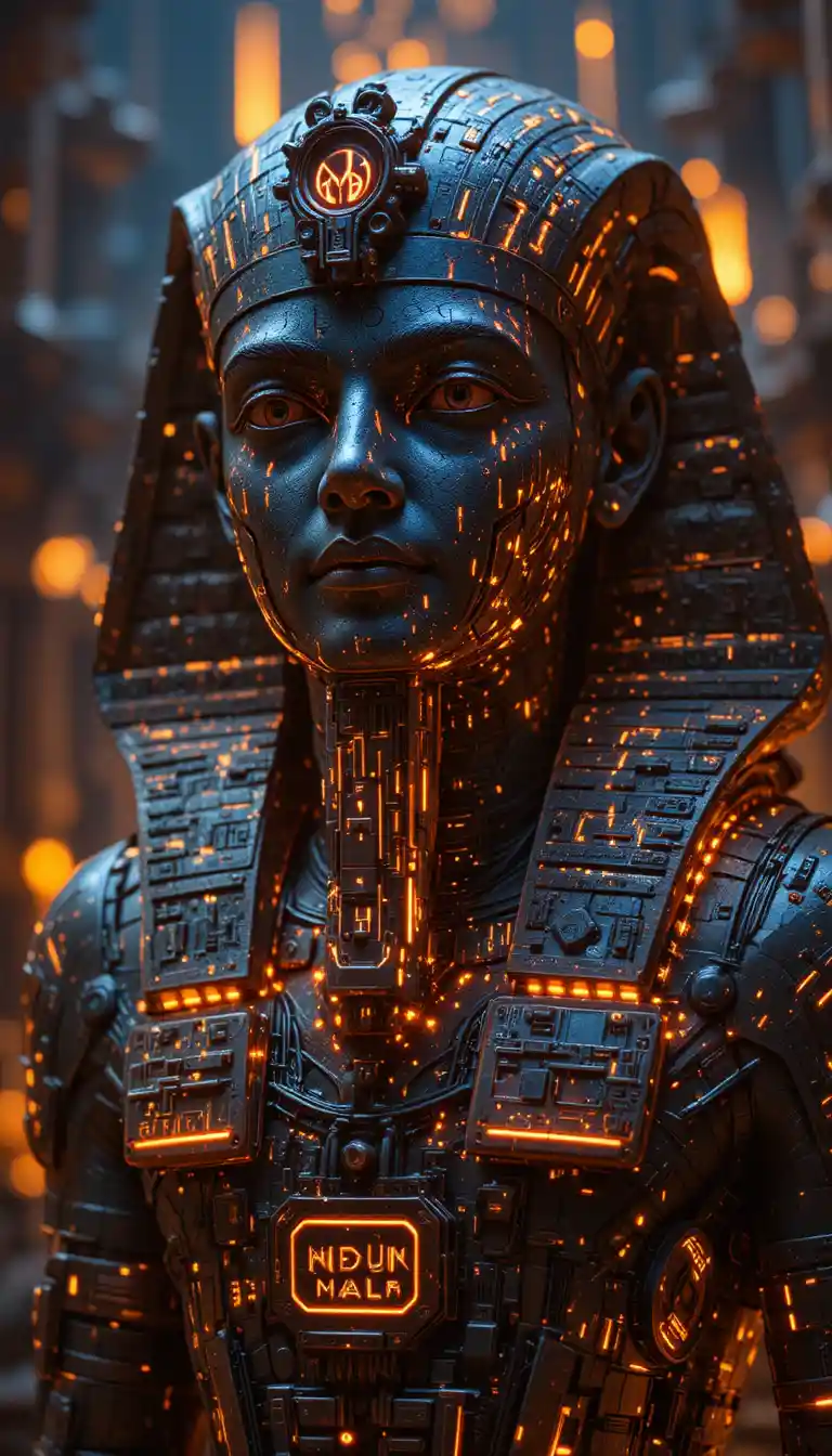 Futuristic Egyptian statue glowing with neon circuit lights