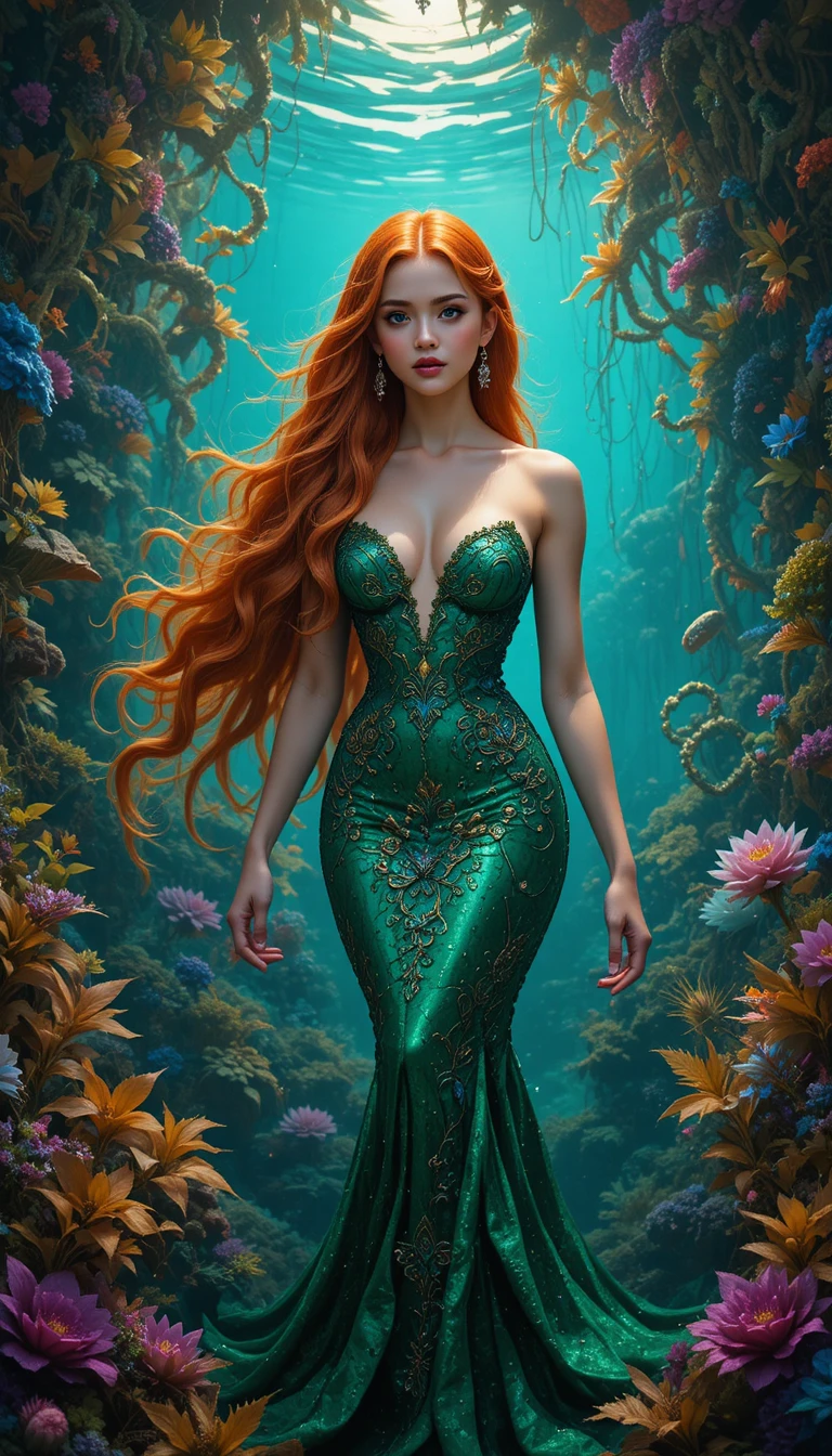 Femme rousse en robe de sirène verte sous l’eau