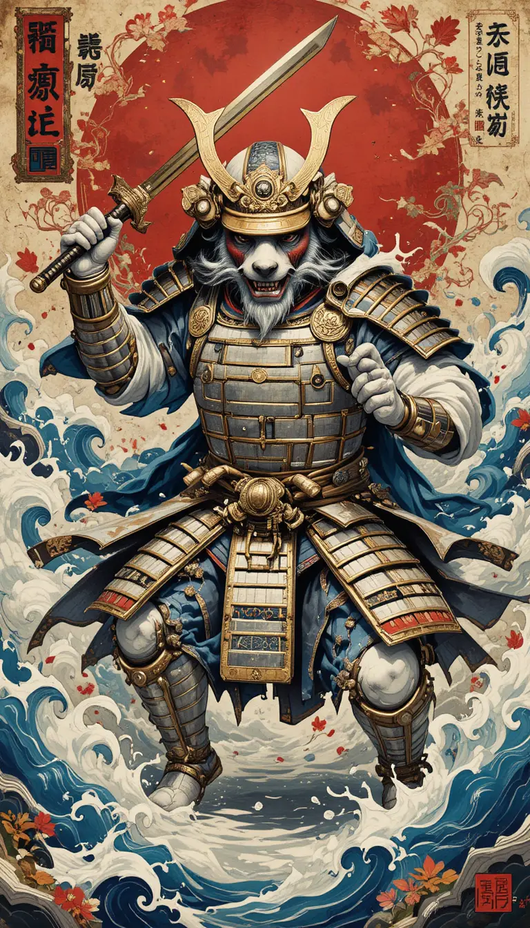 Armored Polar Bear Samurai Charging In Ukiyo E Style
