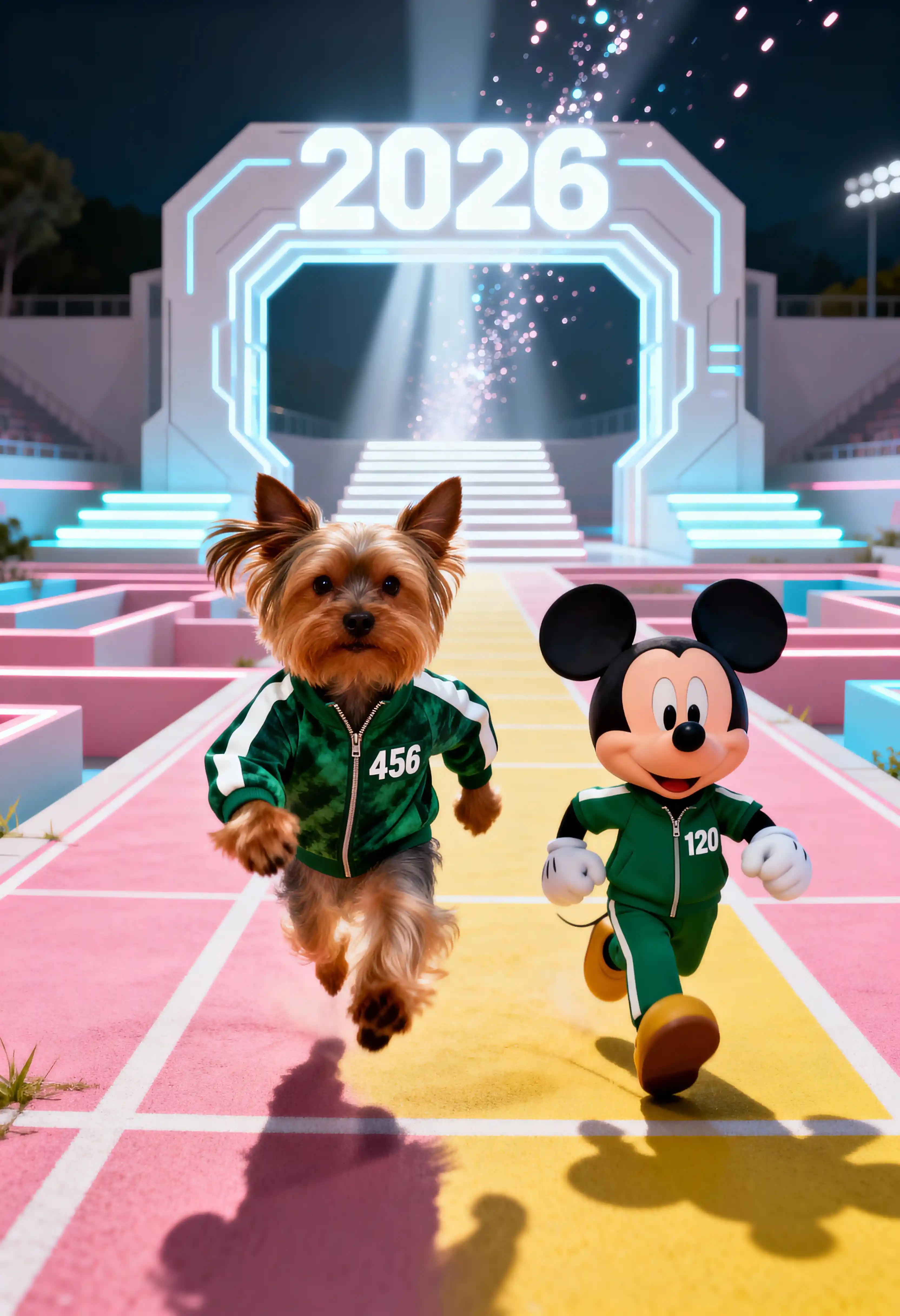 Yorkshire terrier running toward a glowing futuristic gateway