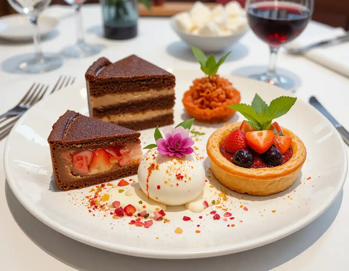 Auswahl an Gourmet-Desserts und Rotwein auf weißem Teller