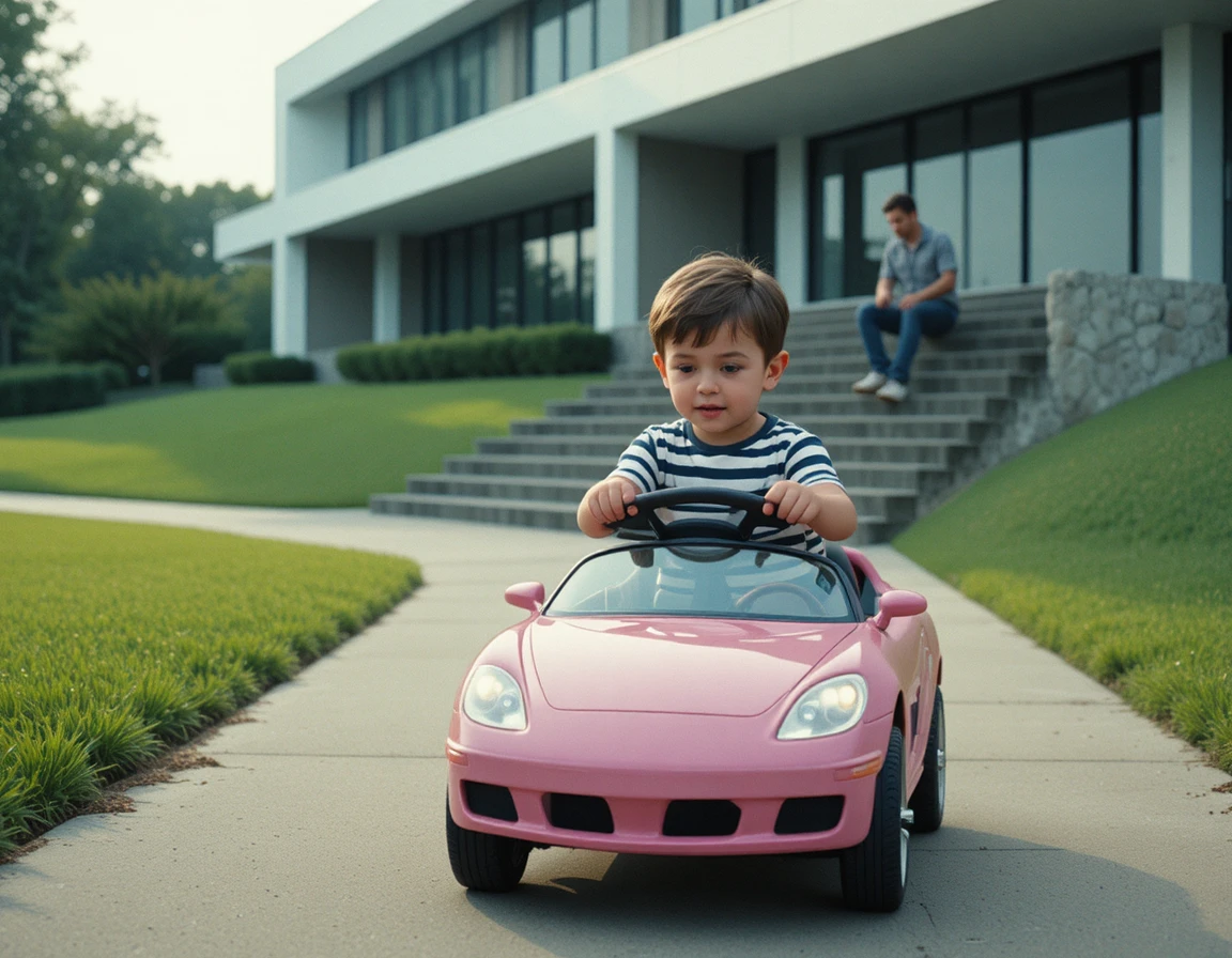 Criança dirigindo um carrinho de brinquedo rosa em um caminho de concreto