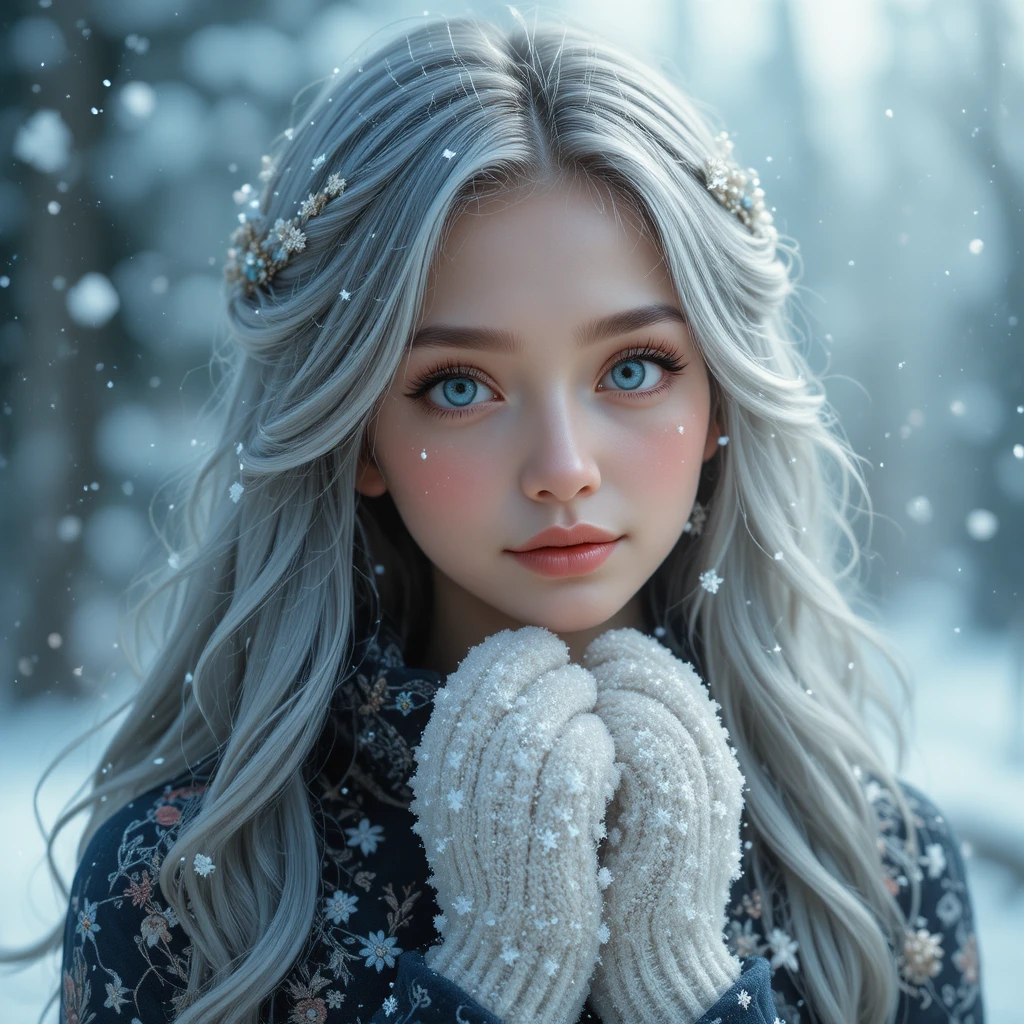 Fille hivernale éthérée aux cheveux argentés et flocons de neige
