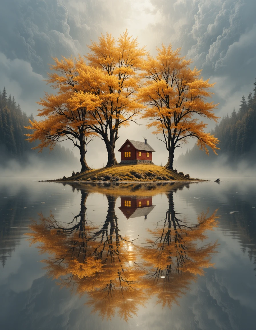 Goldene Hütte am See mit leuchtenden abstrakten Bäumen