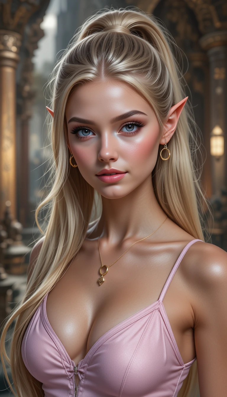Forest elf woman in pink jumpsuit in mythical city