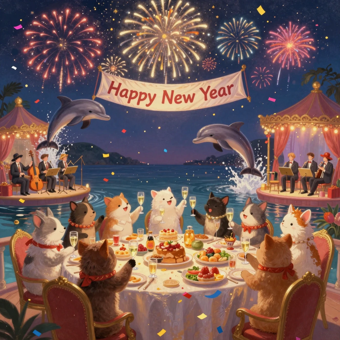 Impressionist animal new year party on a festive cruise