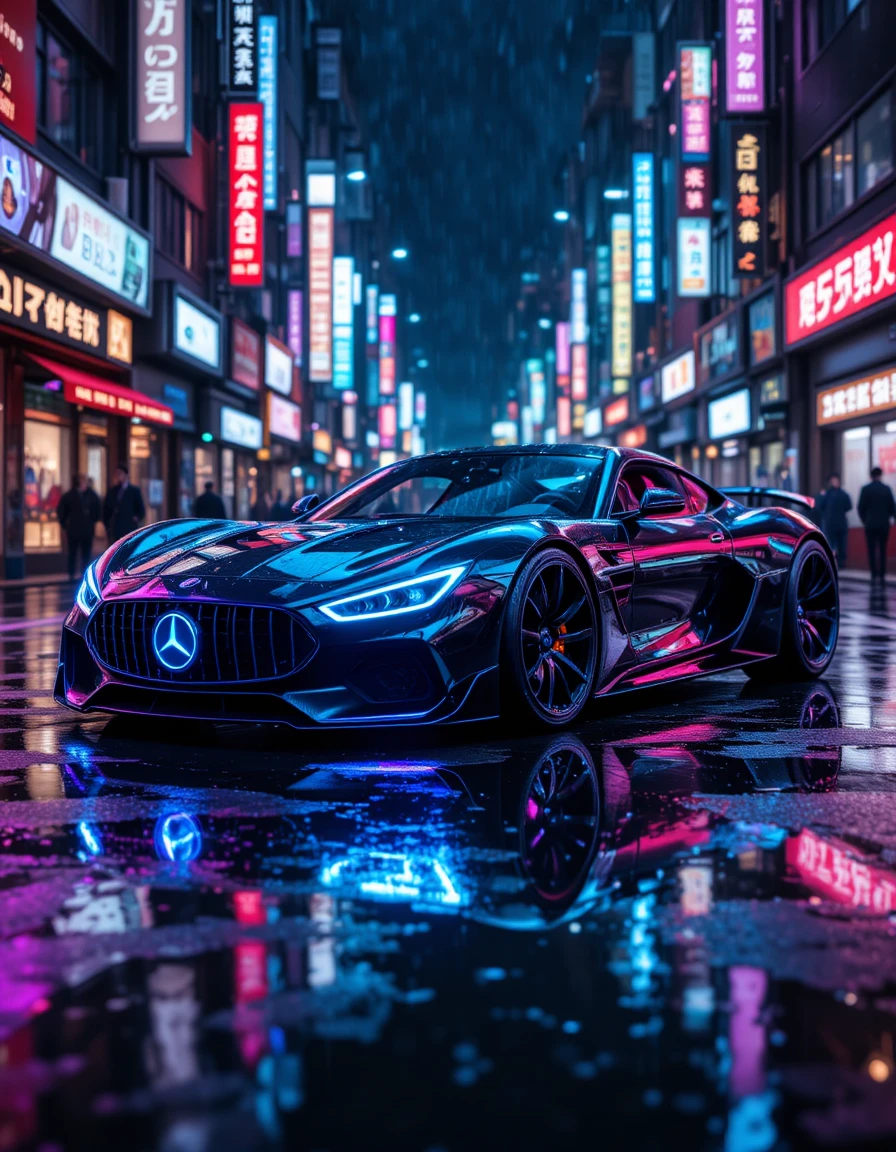 Carro conceito de luxo futurista em rua urbana neon