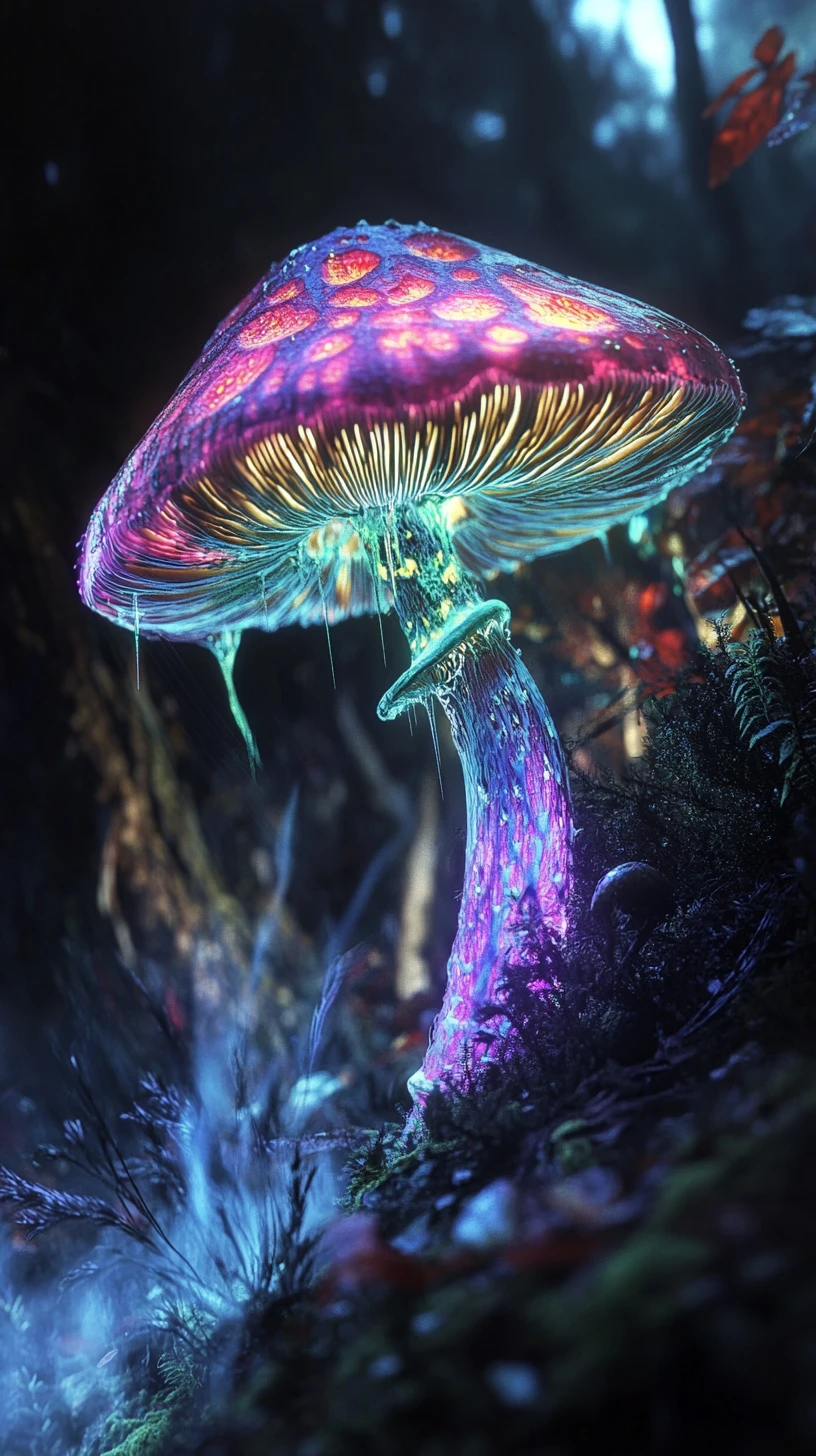 Fantastical Neon Mushroom Rising From A Shadowy Forest