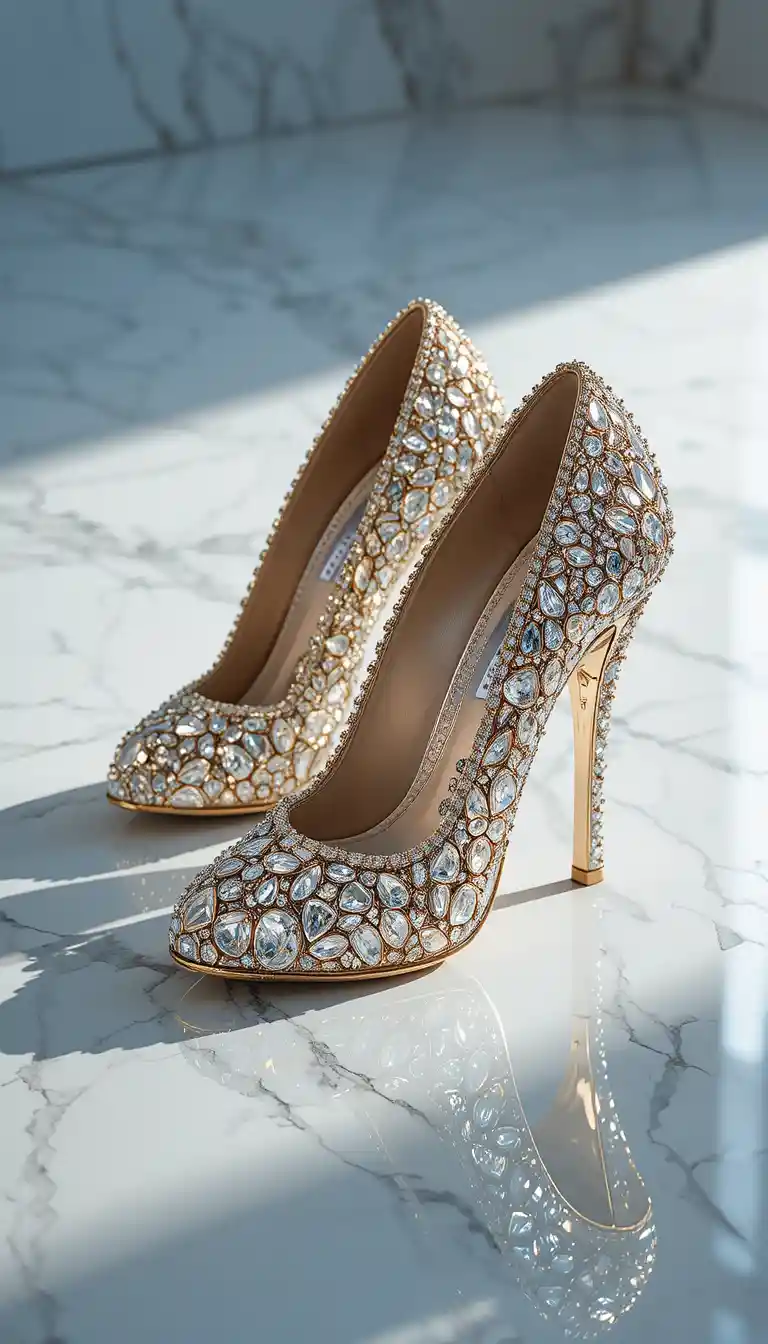 Diamant-High Heels mit goldenen Akzenten auf Marmorboden