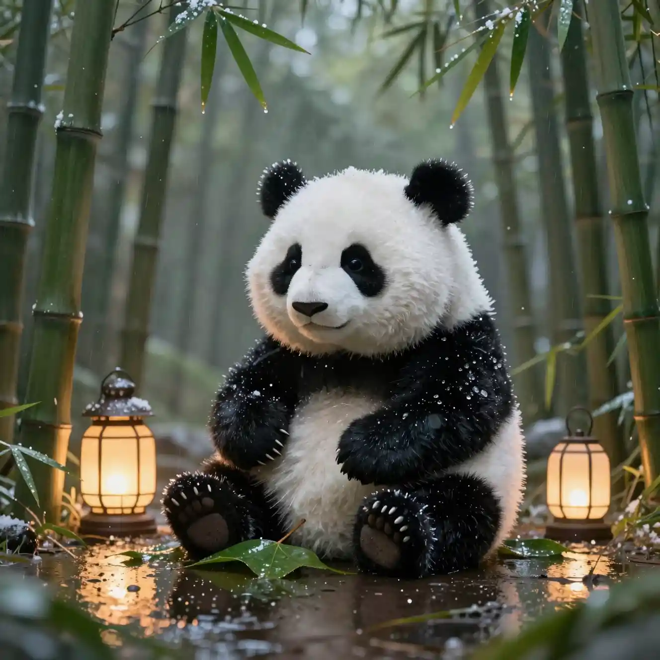 Panda en peluche tout doux sur une feuille dans une forêt de bambous enneigée