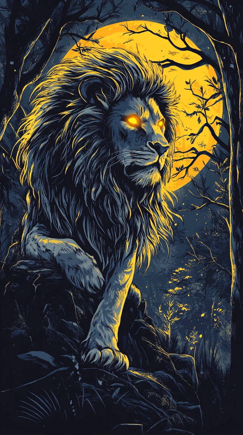Majestic lion guarding a mystical forest in moonlight