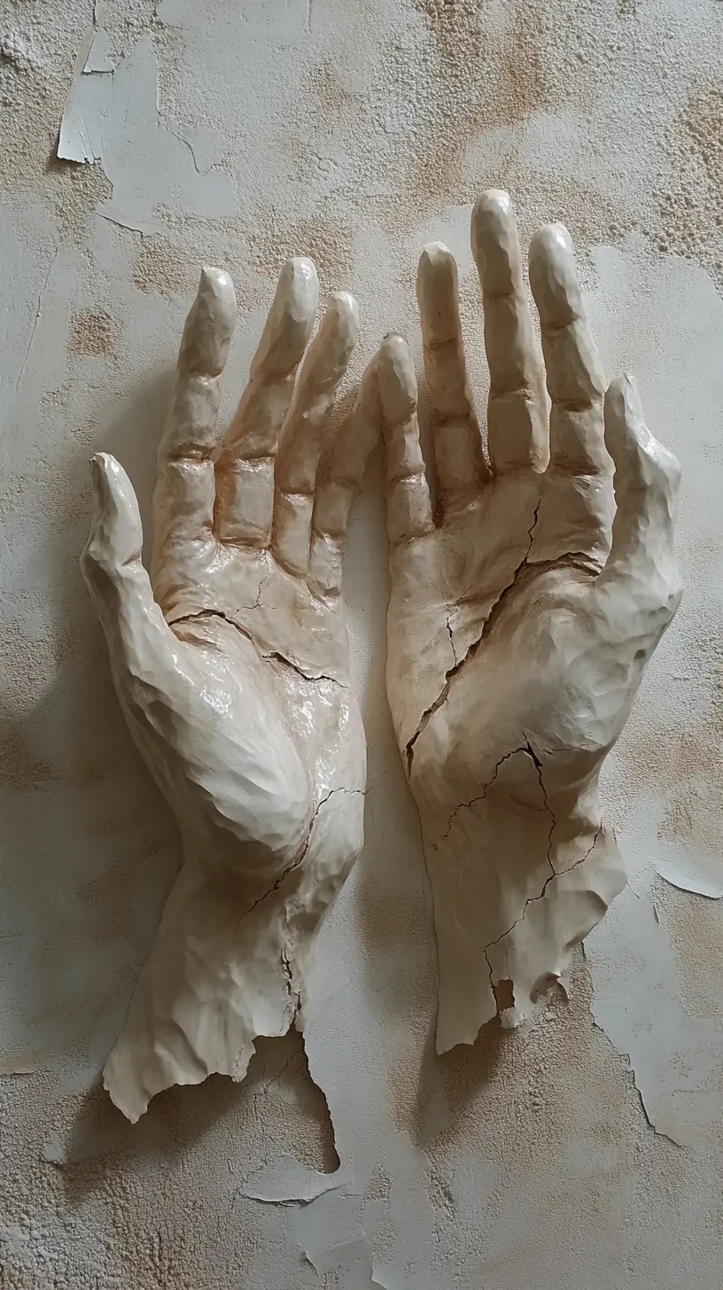 Zwei skulpturale Hände im Relief, die zueinander greifen