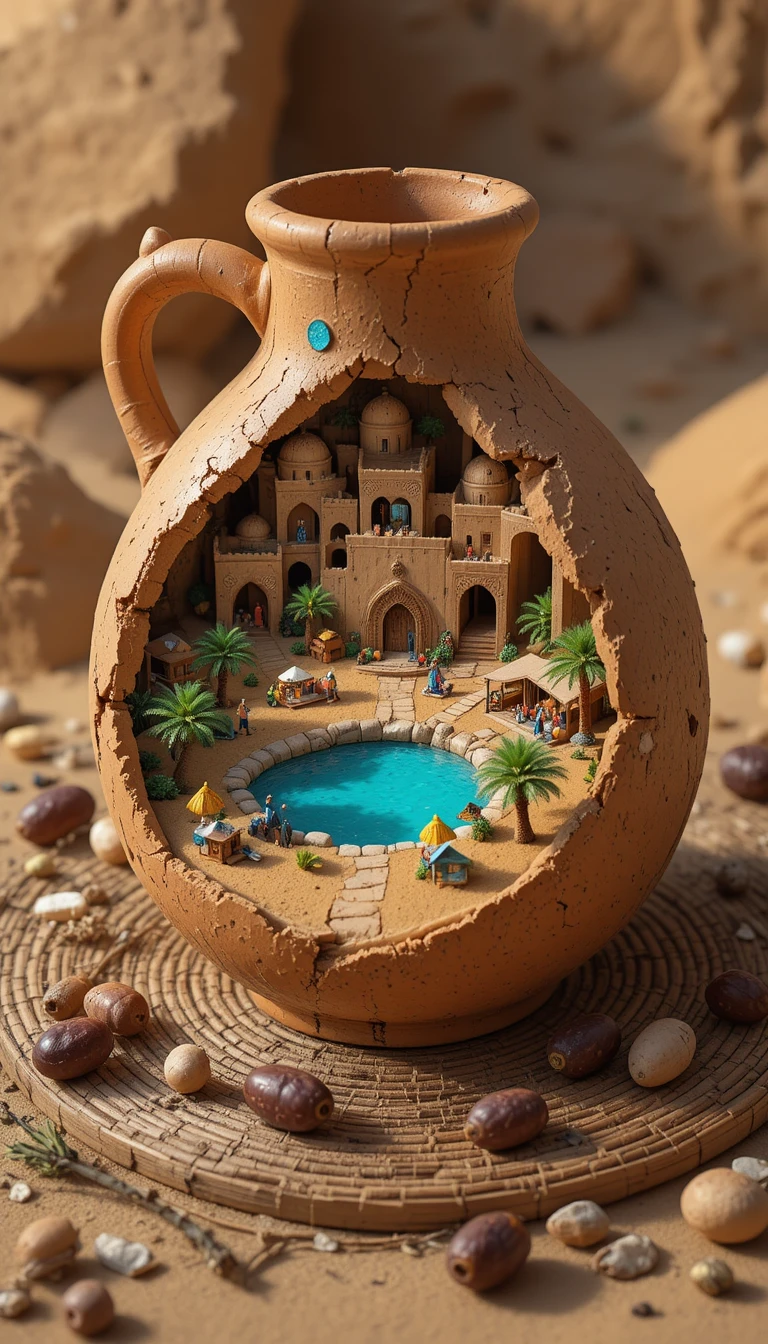 Cidade em miniatura de oásis no deserto dentro de um jarro de barro quebrado