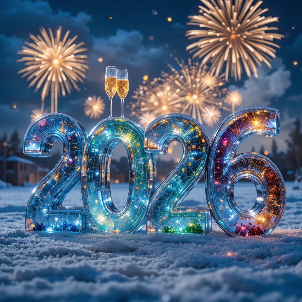 Escultura de gelo 2026 com champanhe sob fogos de artifício festivos