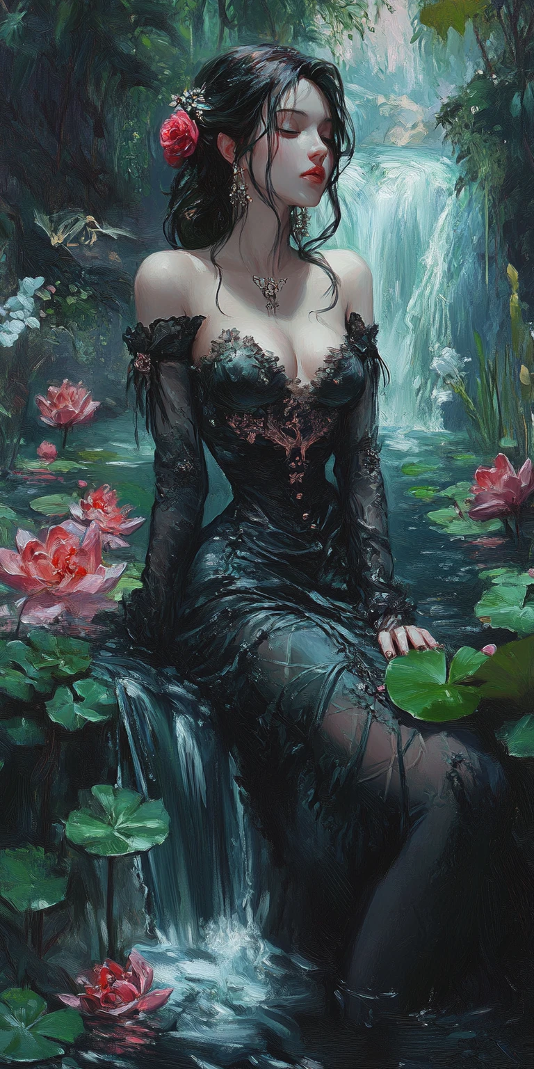 Giovane donna in corsetto tra fiori accanto a una cascata