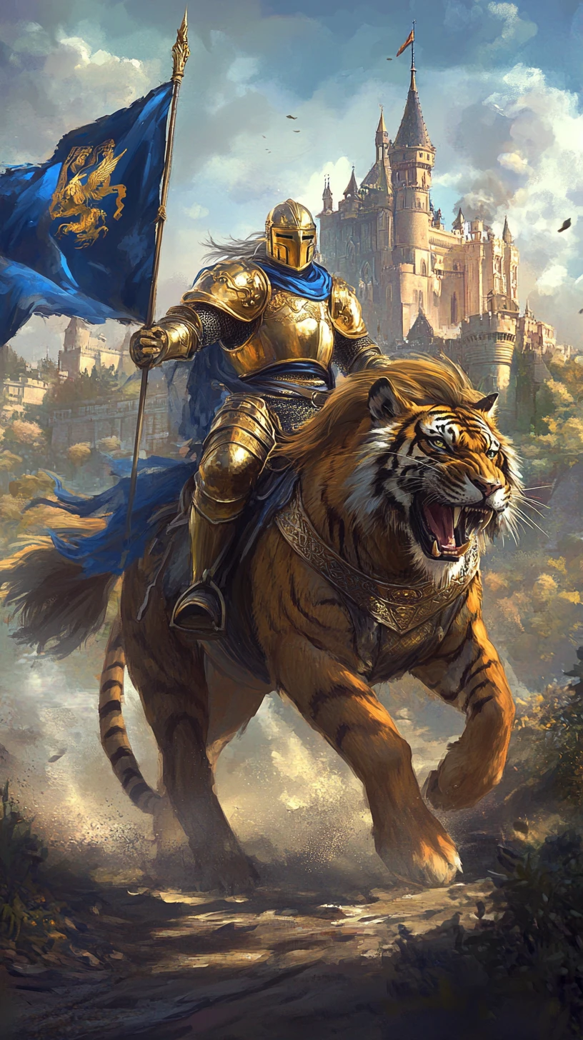 Cavaliere dorato su tigre all’assalto di un oscuro castello medievale