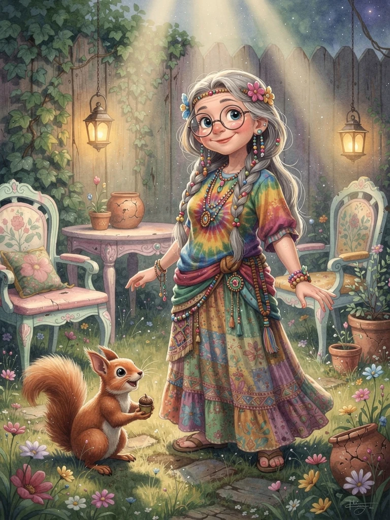 Ältere Hippie-Frau in einem shabby-chic Garten mit Eichhörnchen