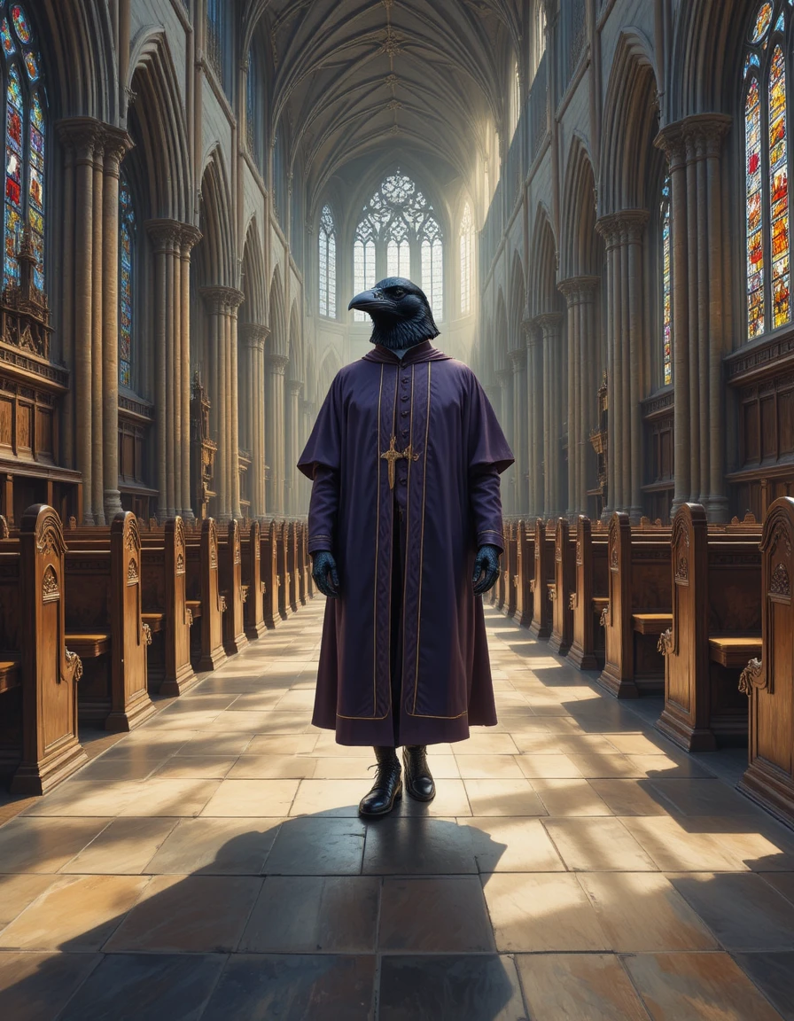 Sacerdote Corvo Caminhando pela Nave de Igreja Gótica Iluminada pelo Sol