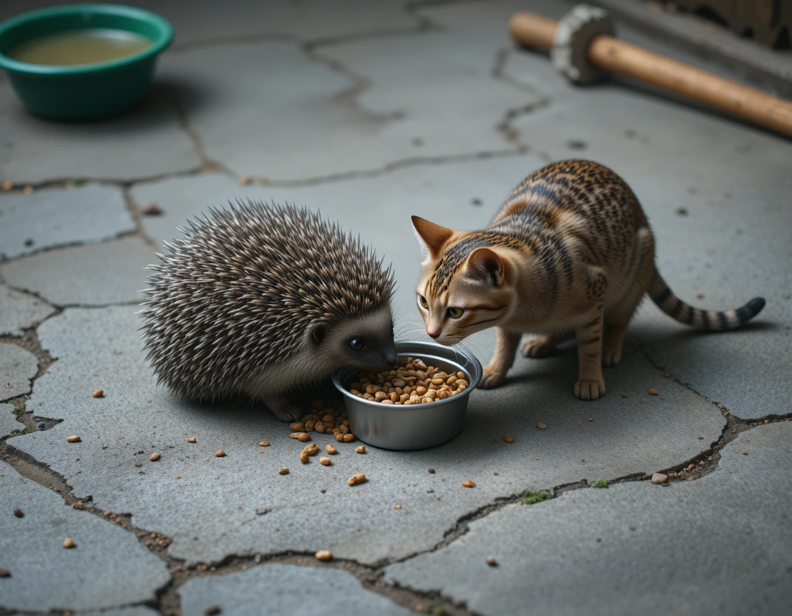 Gato e ouriço compartilhando comida em um chão de cimento áspero