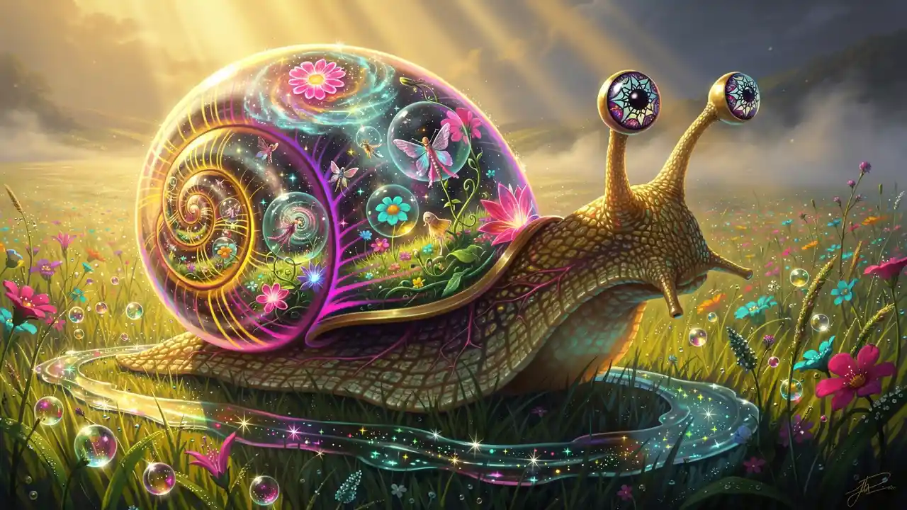 Golden surreal snail crossing a luminous fantasy meadow