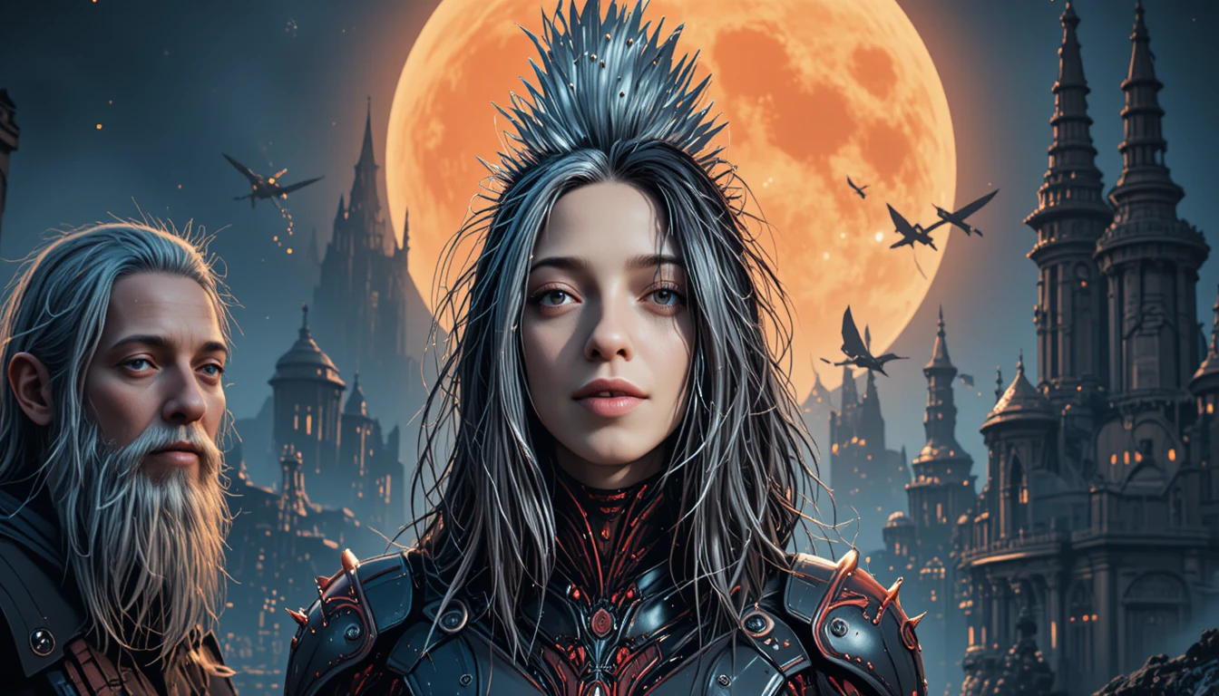 Elfa cyberpunk sotto una luna arancione