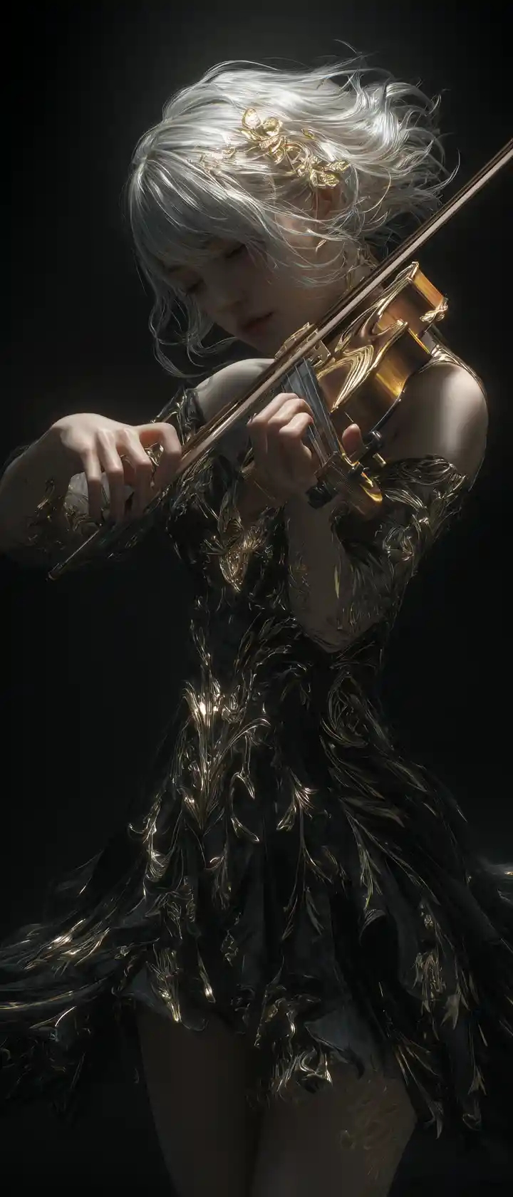 Golden haired girl playing violin in dark fantasy gloom