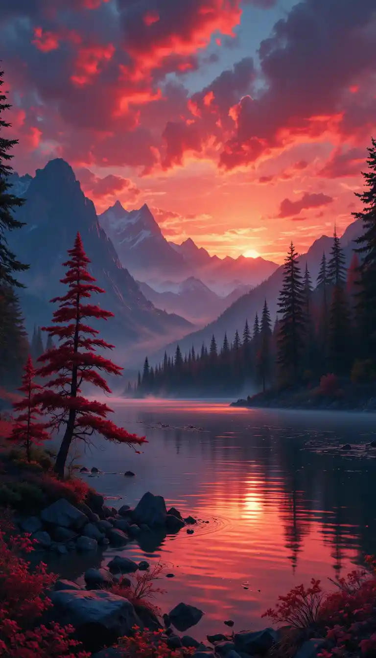 Vibrant sunset sky reflecting over a tranquil mountain lake