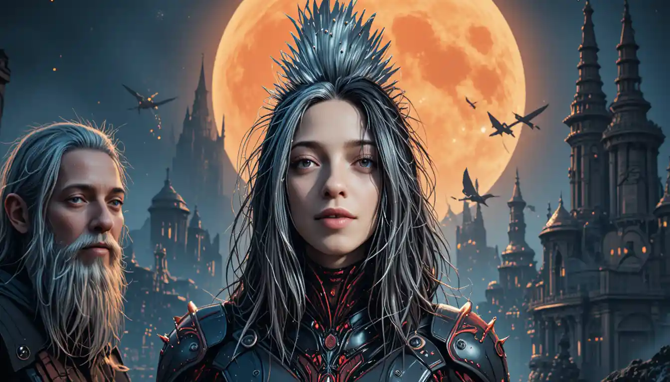 Elfa cyberpunk sotto una luna arancione