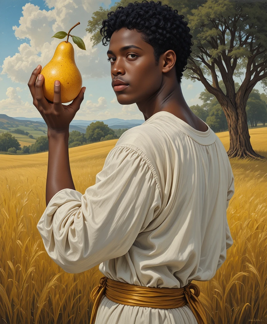 Young man in tunic holding a golden pear in nature