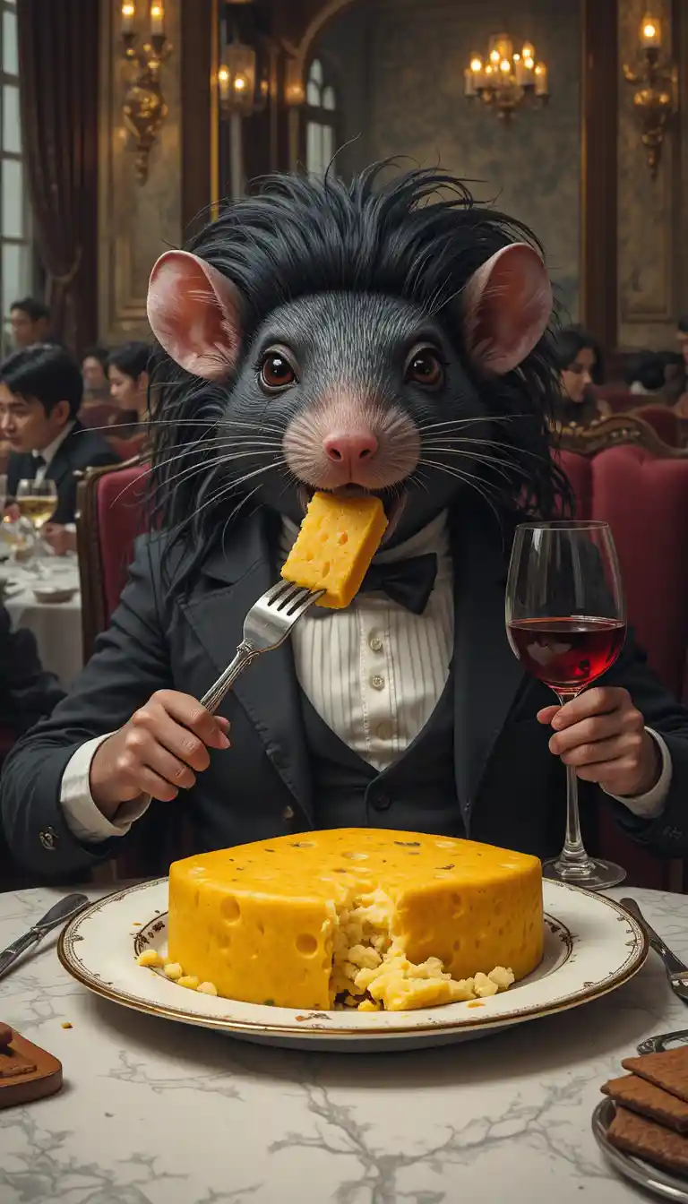 Cartoon mouse dining on cheese and wine in restaurant