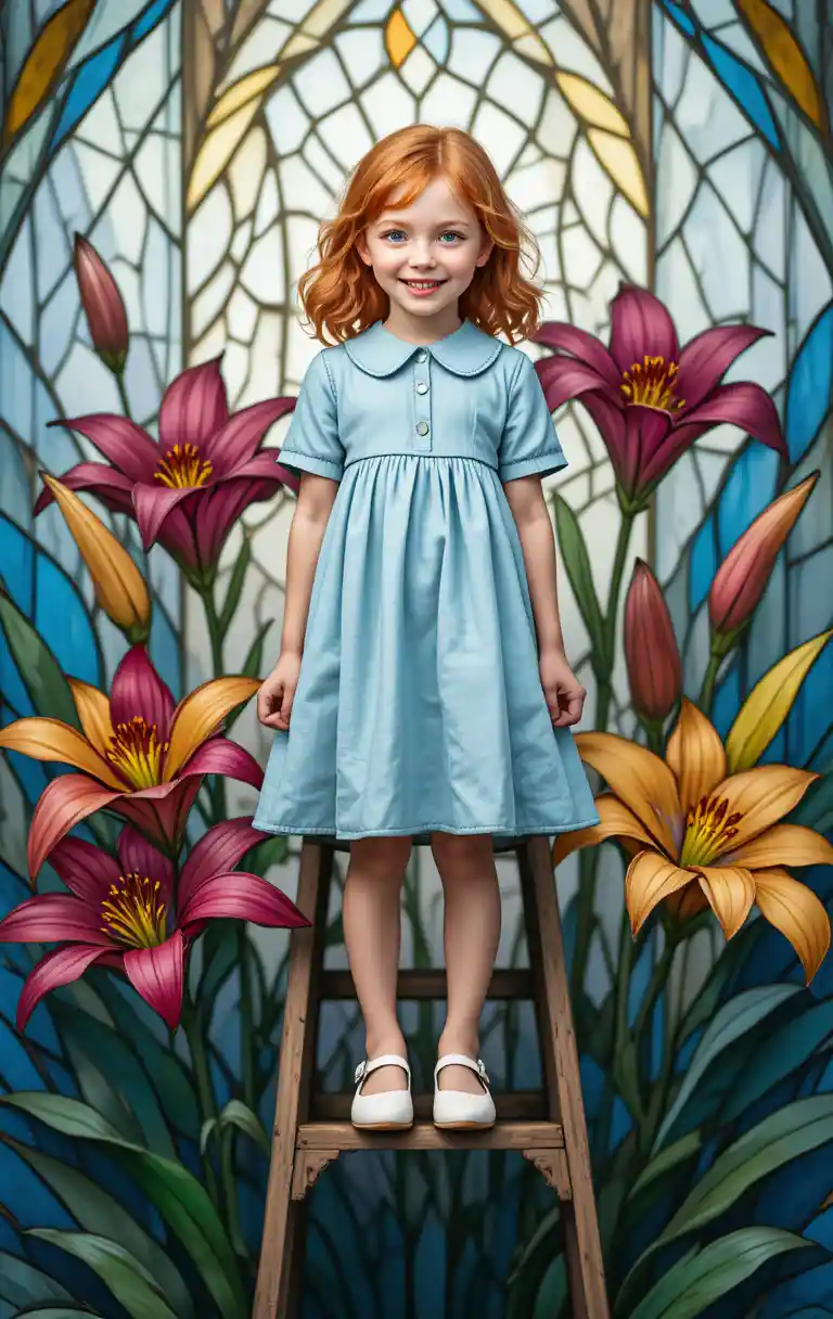 Bambina sorridente dai capelli rossi su una scala tra gigli colorati