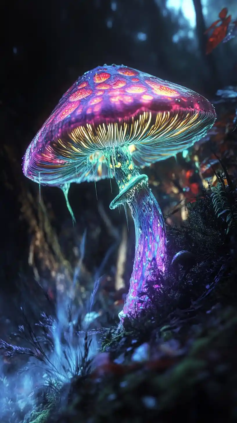 Fantastico Fungo al Neon Che Si Erge da una Foresta Oscura