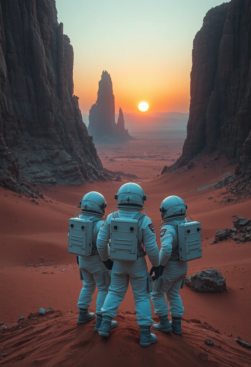 Astronauts Overlooking A Vast Alien Desert At Sunset