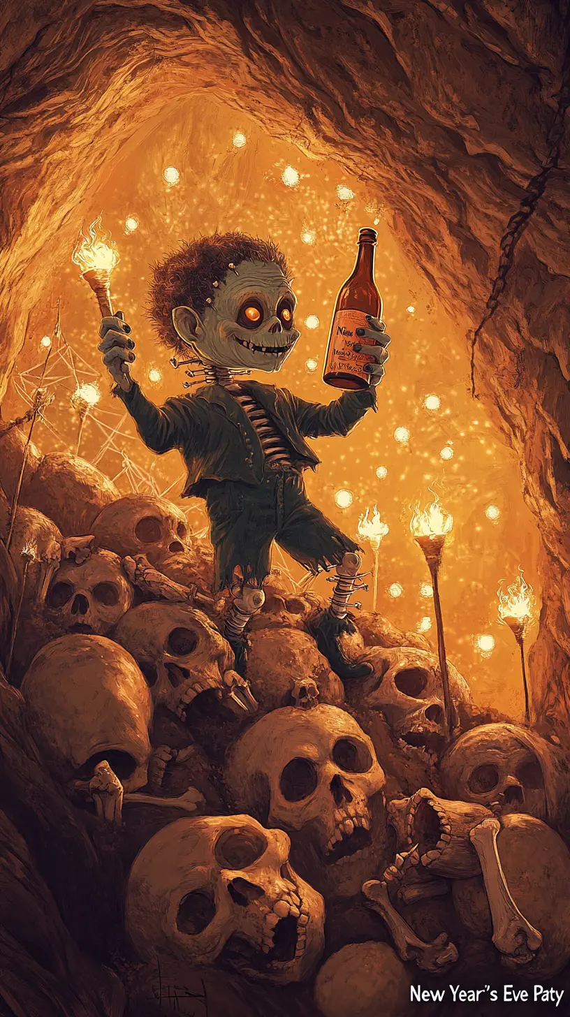 Buffo mostro di Frankenstein che festeggia con champagne