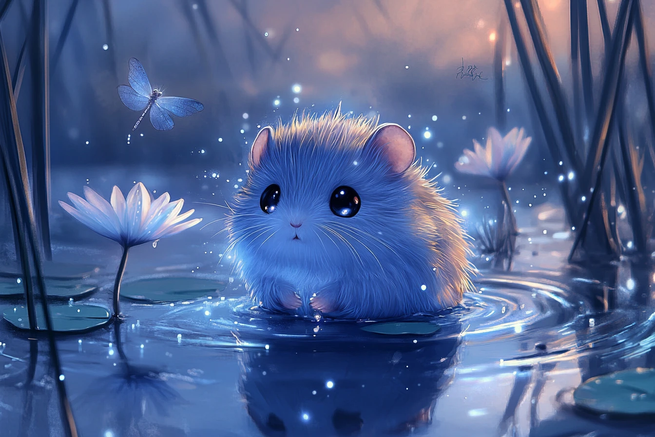Adorable rata de agua fantástica deslizándose entre juncos brillantes