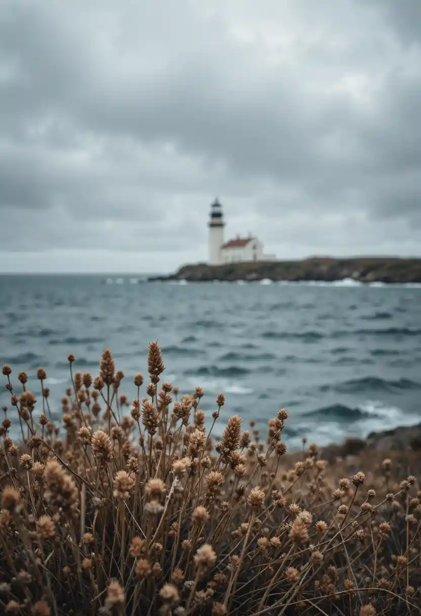 Paysage marin sombre avec phare lointain et herbes côtières