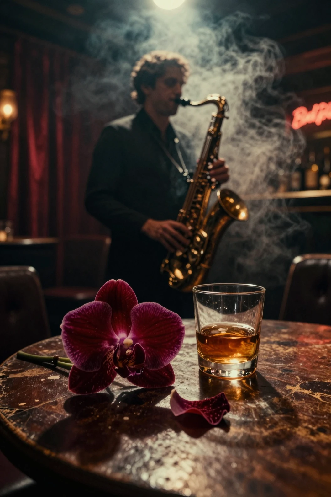 Primo piano cinematografico e cupo di un’orchidea su un tavolo di jazz club