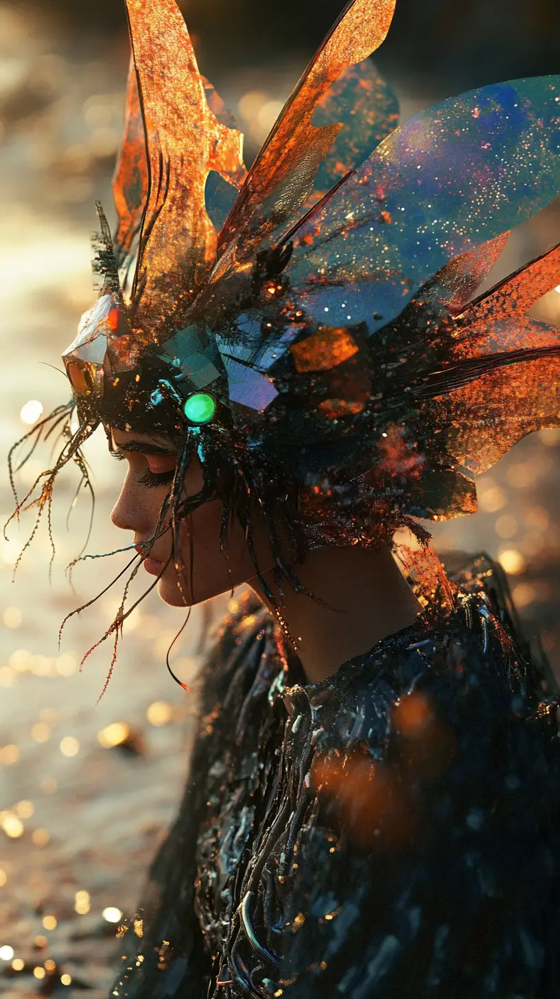 Futuristic woman in exoskeletal gown at glowing tidal pool