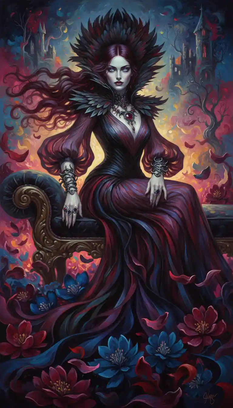 Vampire empress on chaise lounge in extravagant feathered gown