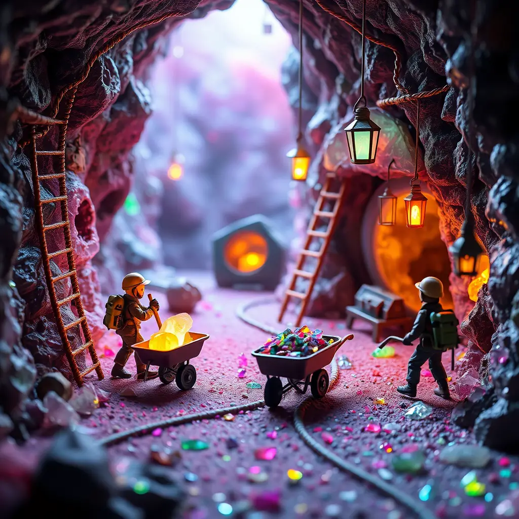 Tiny miners exploring a glowing crystal cave diorama