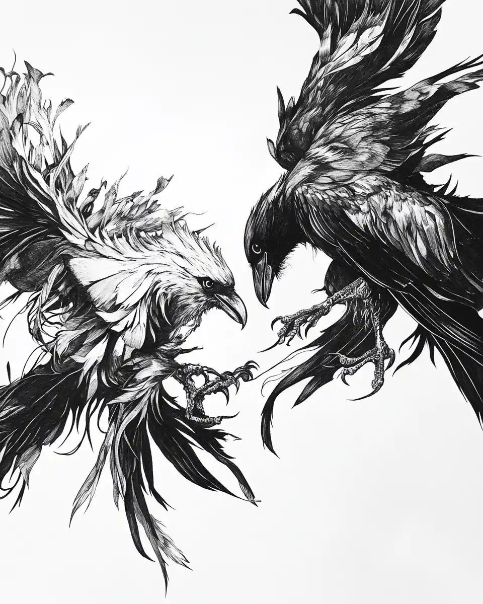 Oiseaux à l’encre noire et blanche, fins et complexes, aux plumes fluides