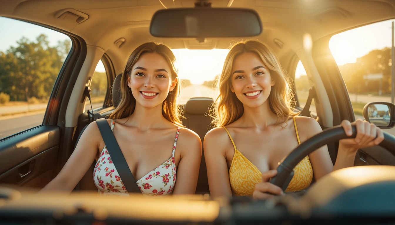 Due donne nella luce del mattino dentro un'auto compatta