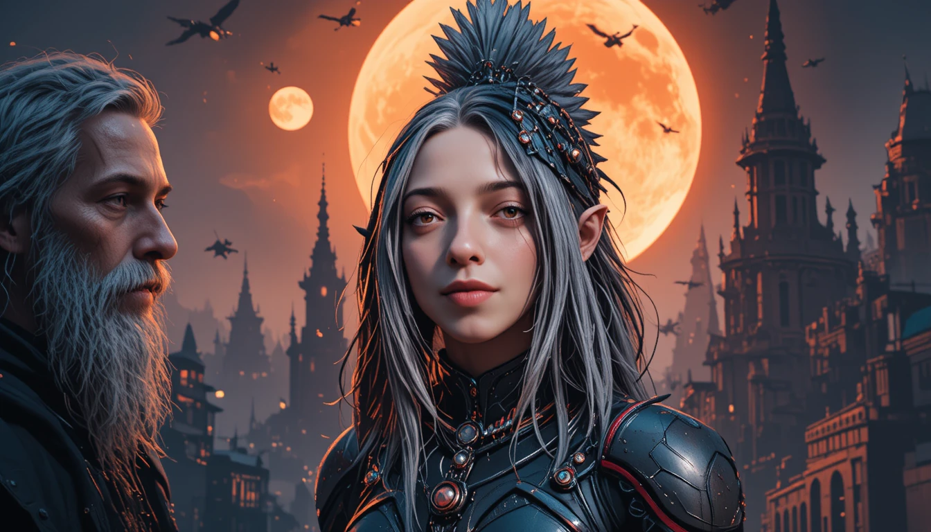 Donna elfa cyberpunk sotto una luna arancione