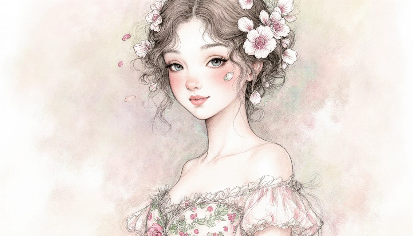 Young woman in floral gown with dreamy petal details
