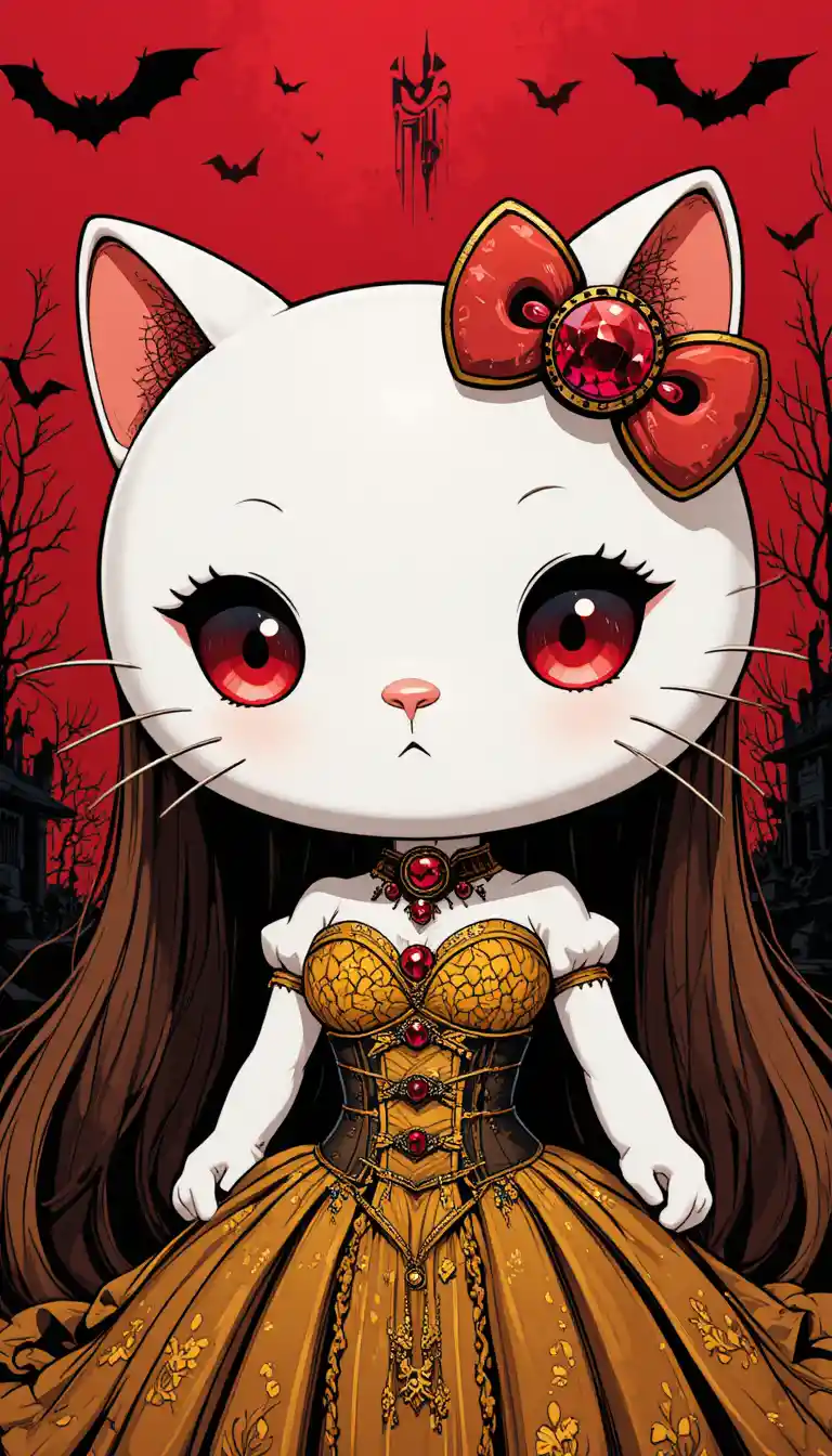 Mascotte di gatto gotico chibi con occhi a bottone cremisi