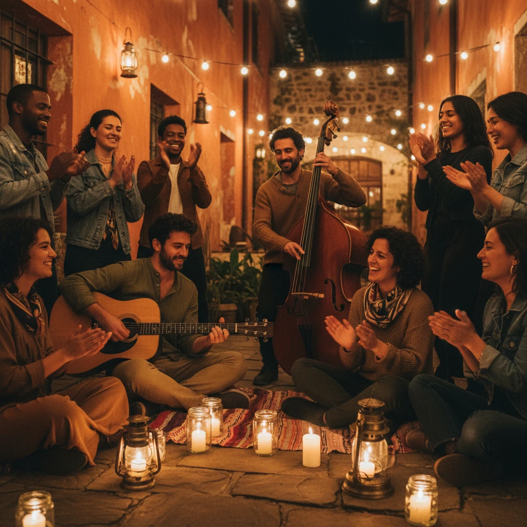 Amigos curtindo música acústica ao vivo em um pátio iluminado por velas