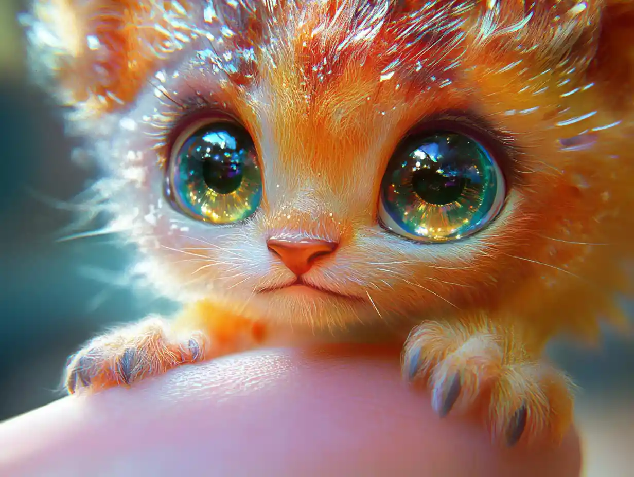 Pequeno leão kawaii na ponta do dedo com olhos radiantes