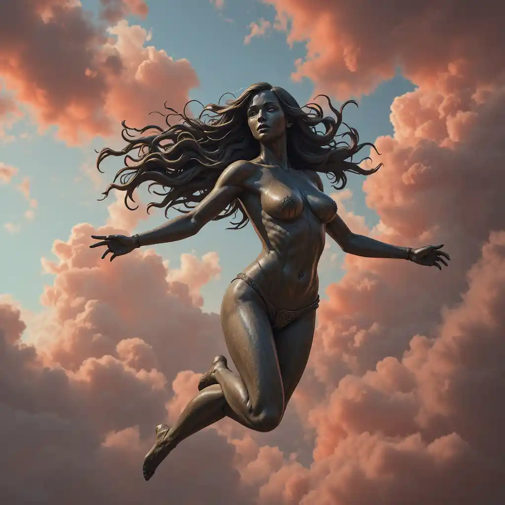 Bronzestatue eines langhaarigen Mädchens, das am roten Himmel fliegt